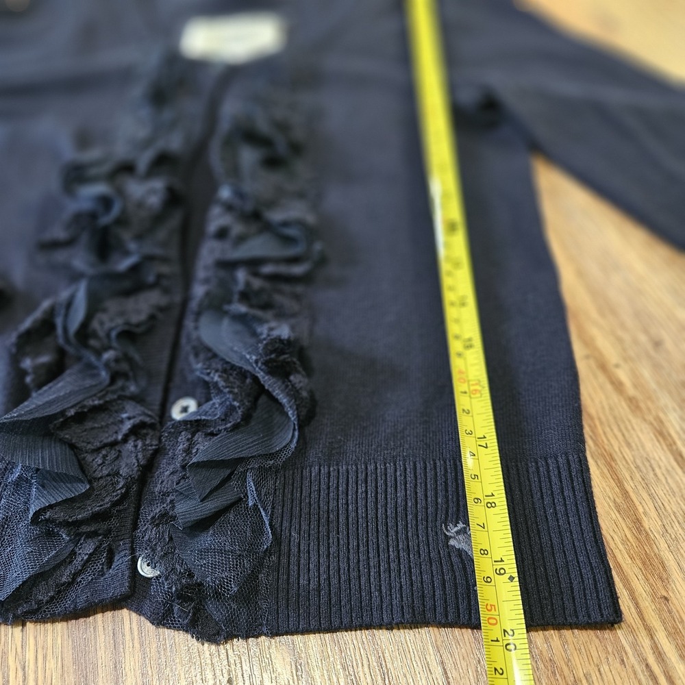 Y2K Abercrombie & Fitch S Women Navy Lace Chiffon Ruffle Cardigan Sweater Ribbed - Picture 7 of 11